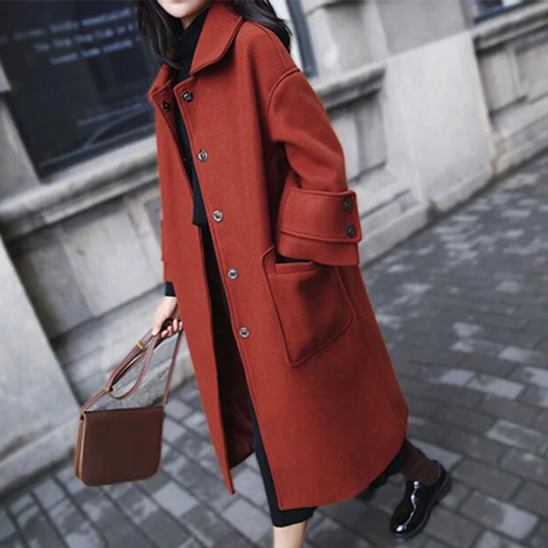 Женское длинное шерстяное пальто в Корейском стиле с длинным рукавом большие