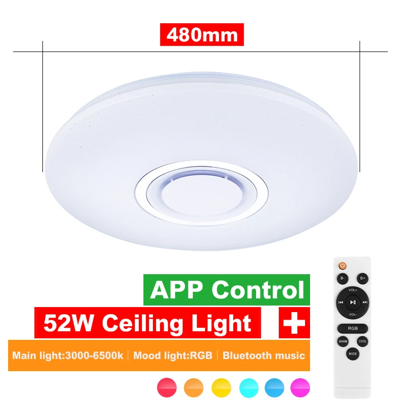 480mm Color 52W Современный светодиодный потолочный светильник RGB затемнения приложение пульт дистанционного управления Bluetooth Музыка потолочный светильник гостиная/спальня 25 Вт 36 Вт 52 Вт 220 В - Цвет корпуса: 480mm Color 52W
