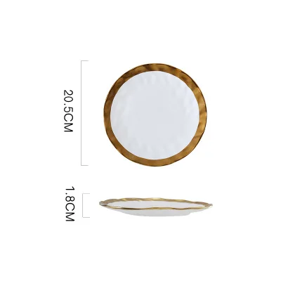 White 20CM Wave Rim Европейский стиль, керамическая посуда с золотой стороной, белая и черная, фарфоровая тарелка для стейка, десертный поднос, кухонный набор обеденных тарелок - Цвет: White 20CM Wave Rim