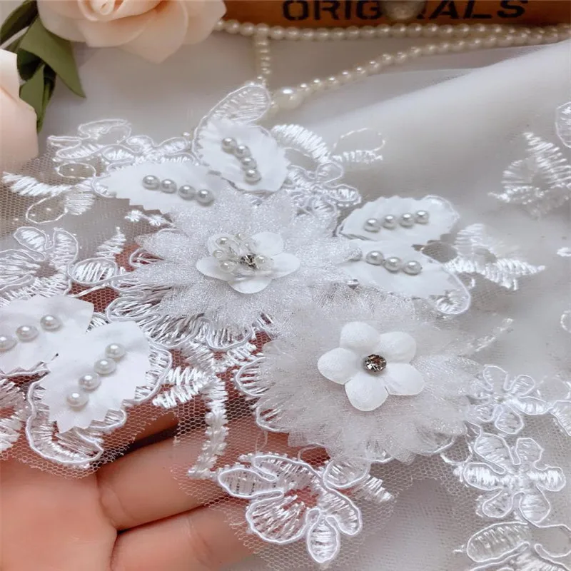 1 Pair Off-white Elegant 3D Flower Embroiderey Pearl Beaded Lace Applique Trim Dress Fabrics Material | Дом и сад