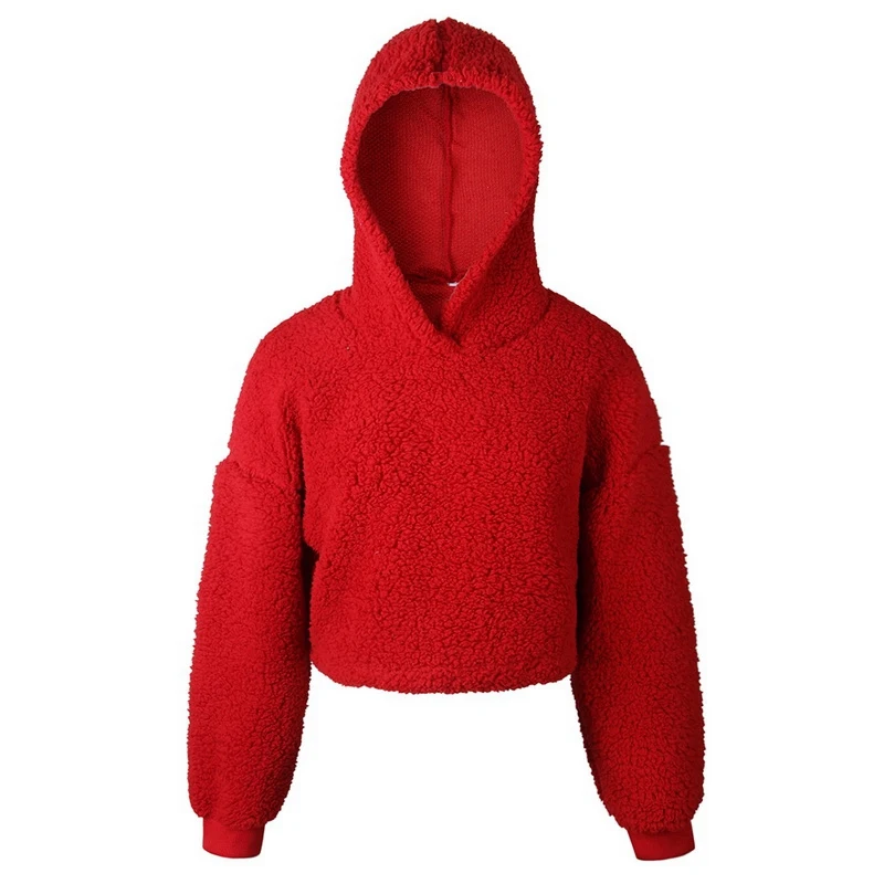 Red OEAK/осенне-зимняя теплая укороченная толстовка из искусственного меха и флиса; джемпер с капюшоном и длинными рукавами; пуловер; пушистая толстовка с капюшоном; укороченный топ; - Цвет: Red