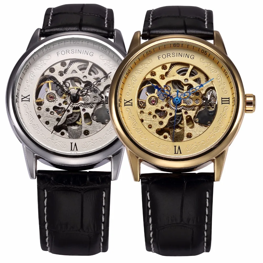 

FORSINING Brand Luxury Golden Skeleton Case Leather Strap Mechanical Wrist Watch Male Clock