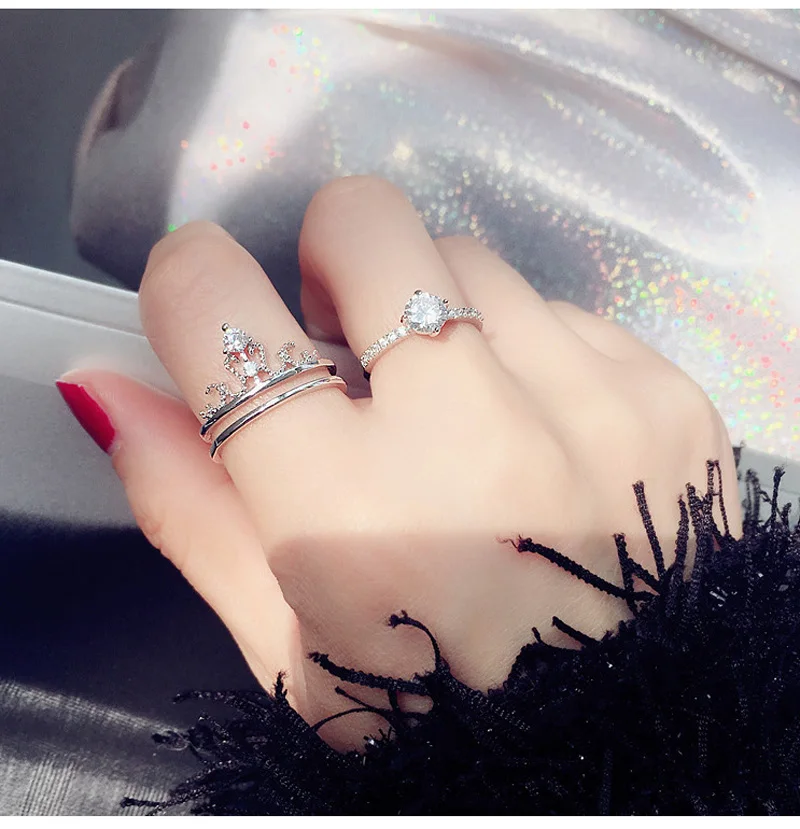 Fashion popular crown two-in-one ring female fashion zircon opening adjustable simple wild s925 sterling silver | Украшения и