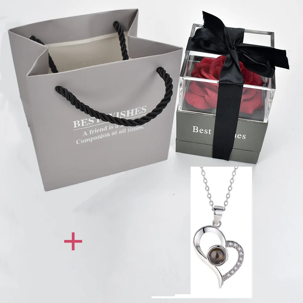 red with necklace 5 Высокое качество красивая красная роза цветок шкатулка с 100 язык Я ЛЮБЛЮ ТЕБЯ ожерелье для мать подруги подарок - Цвет: red with necklace 5
