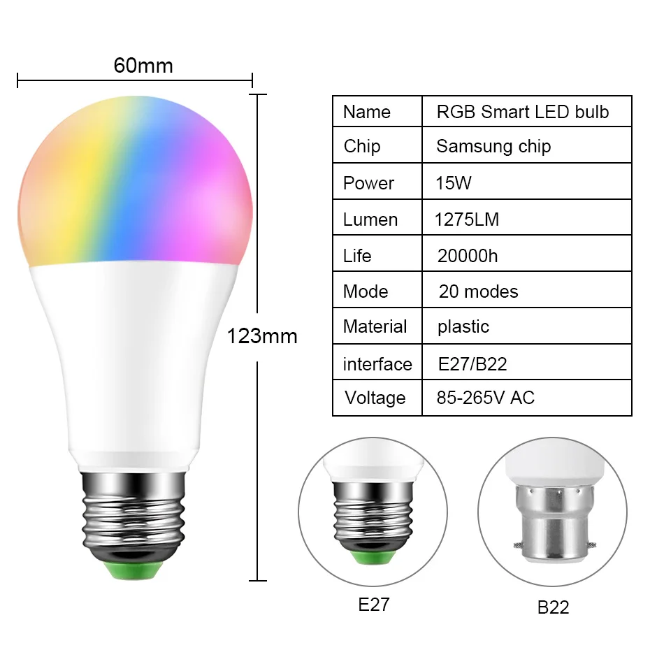RGB Bluetooth умная Светодиодная лампа E27 15 Вт с регулируемой яркостью голосовое