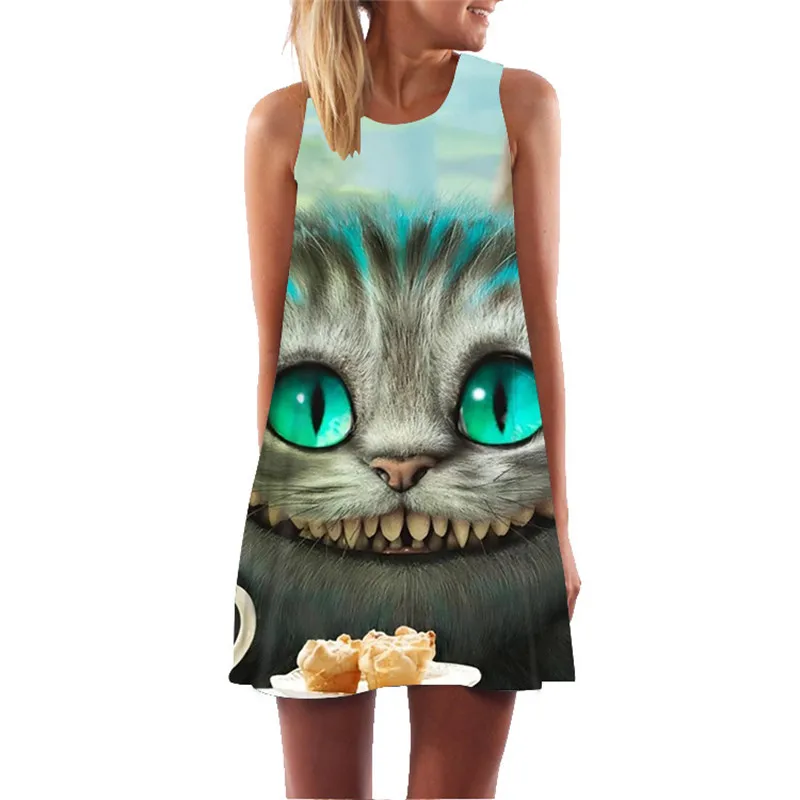 Эффектное летнее платье с большим лицом кошки 2019 размера плюс женские вечерние