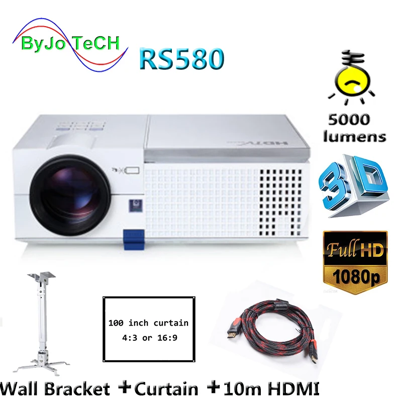 ByJoTeCH RS580 5000 люмен Full HD светодиодный проектор 1080P домашний кинотеатр с 10 м HDMI