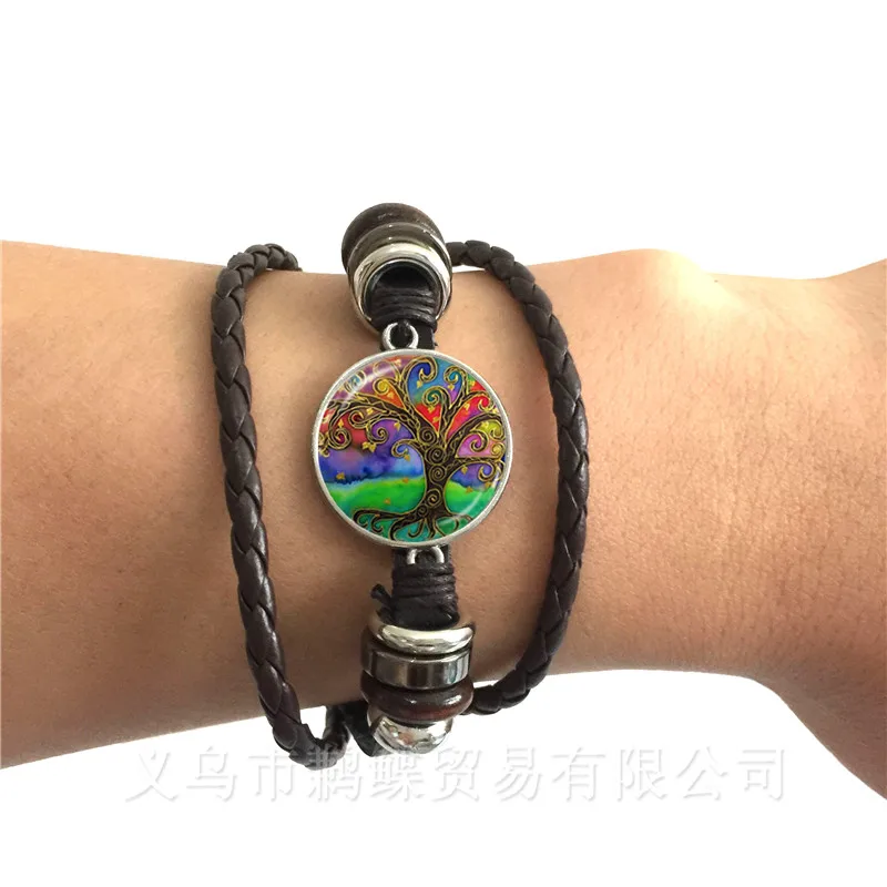 

Tree of Life Glass Dome Bracelets Charms Black/Brown Adjustable Leather Bangles New Fashion Women Men Jewelry Best Gift