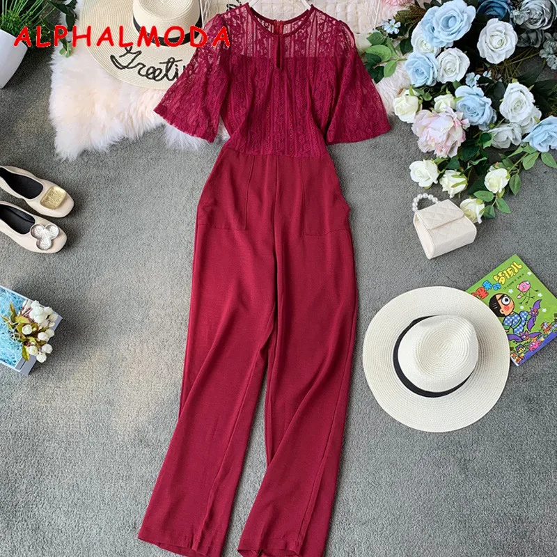 ALPHALMODA 2019 летние женские кружевные однотонные облегающие комбинезоны с коротким