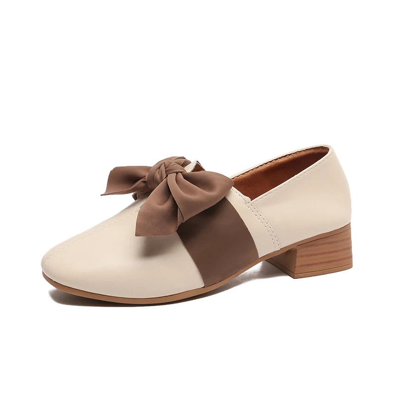 Бежевый Bow Knot Casual Shoes for Women Flats Leather Oxfords Women Shoes Woman Fashion Square Heels Slip on Ladies Shoes Espadrilles - Цвет: Бежевый