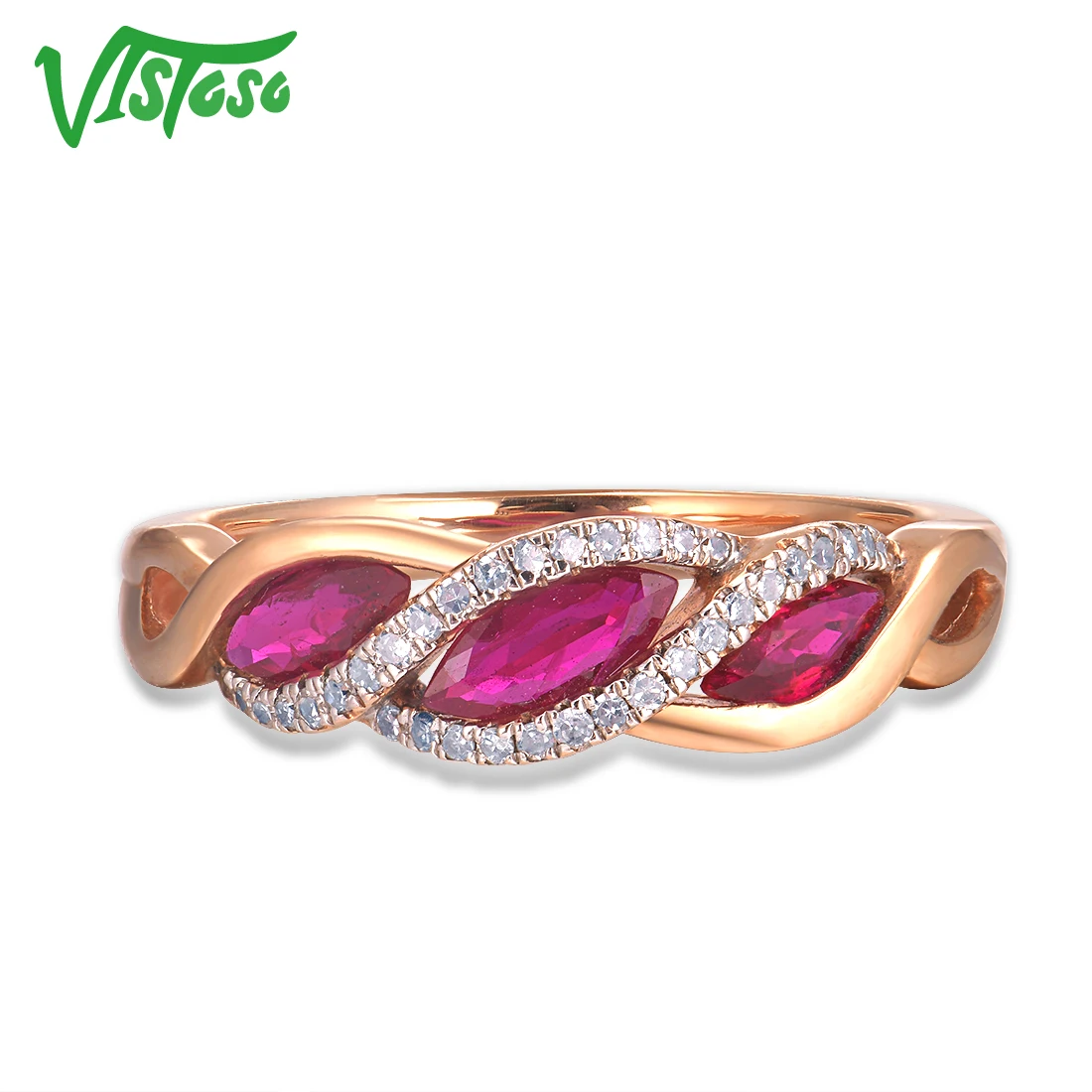 VISTOSO, Настоящее розовое золото 14K585, необычное рубиновое блестящее бриллиантовое кольцо для леди, Свадебное обручальное кольцо, модное роскошное ювелирное изделие