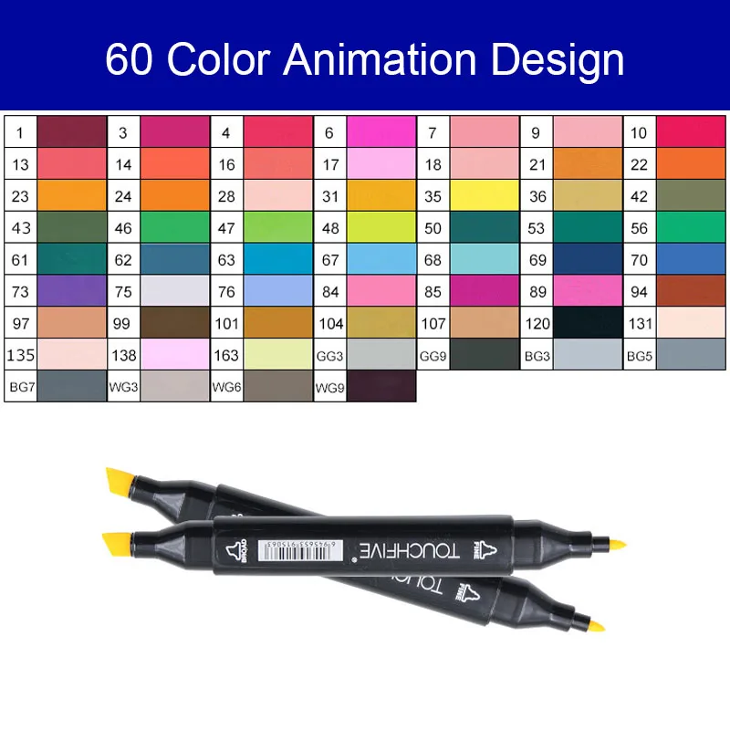 Animation 60 color Touchfive 168 цветов, набор маркеров, двойная головка, эскизные маркеры, ручка для стандартного пейзажа, рисование манга, анимационный дизайн, товары для рукоделия - Цвет: Animation 60 color