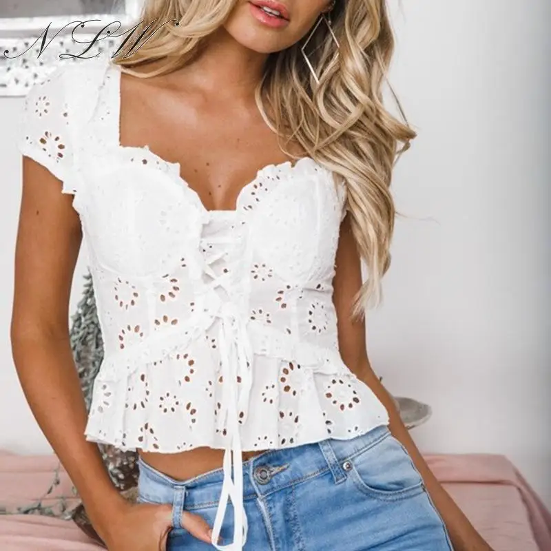 NLW Fashion Embrodiery White Women Crop Tops and Blouse 2019 Summer Casual Ruffle Lace up Shirt Female Sexy Hollow out Blusa |