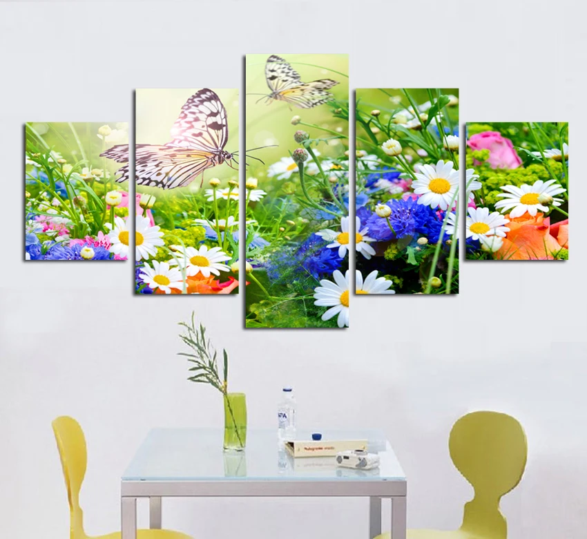 

5 panels art HD colorful blooming Flower butterfly painting on canvas picture living room home Decor Oil Painting Unframed A66