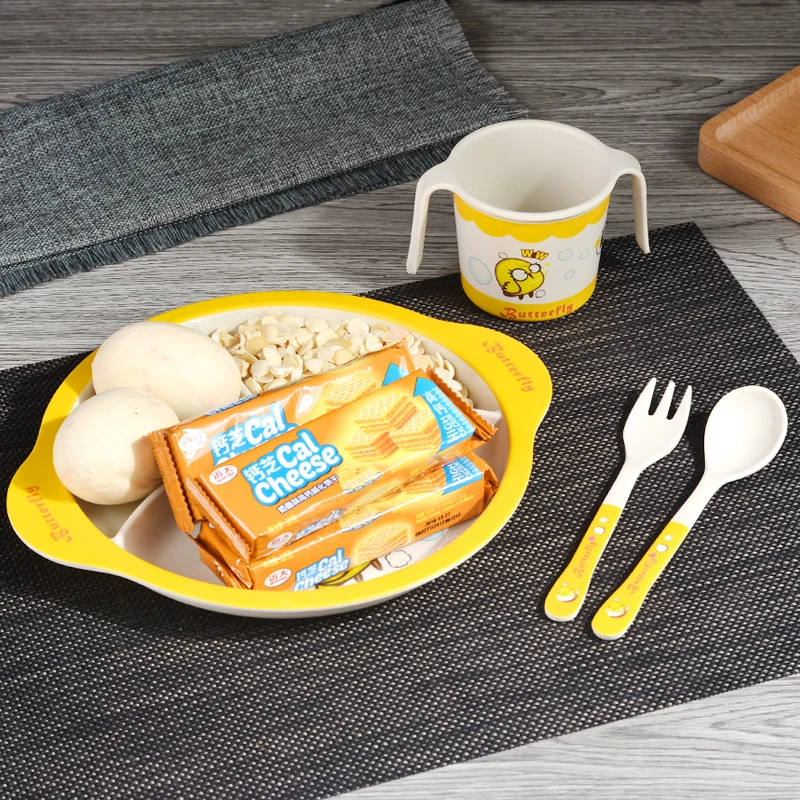 4 PCS Cute Children Tableware Set Baby Bamboo Fiber Cartoon Cup Tablespoon Plate Dishes for Kids children Feeding | Дом и сад