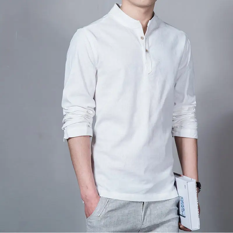 Мужская льняная рубашка с длинным рукавом Повседневная большого размера в