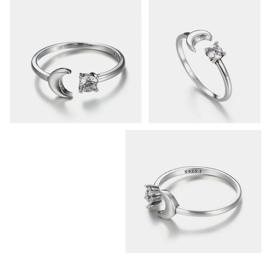 e-Manco 925 Silver Wedding Rings for Women Sterling Silver Open Ring Moon Shape Classic Zircon Fine Jewelry Romantic Love Gifts