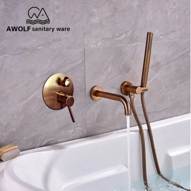 Bathtub Faucet Brushed Rose Gold Chic Wall Mounted Bathroom Shower Spout Solid Brass 3 Pcs Mixer Tap Bath AH3024C | Обустройство дома