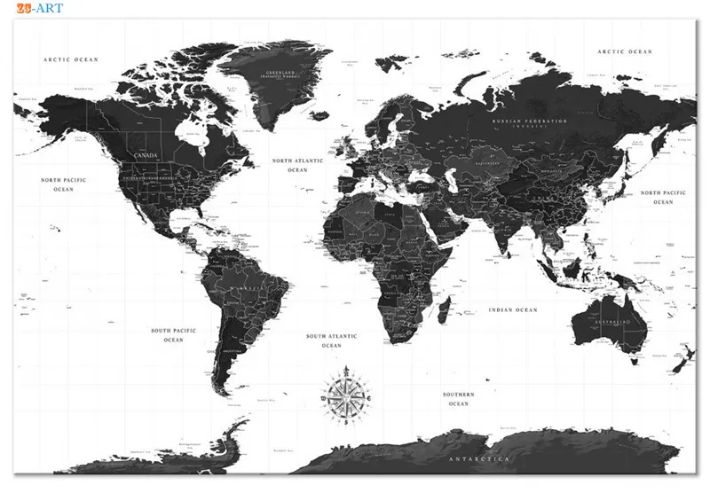 Современное искусство, черно-белая карта мира, Картина на холсте, настенные художественные плакаты и печать, Картина Настенная, Декор для дома и офиса