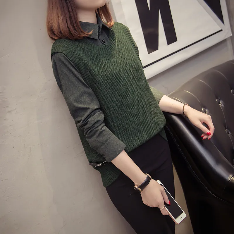 Autumn Winter New Women Fashion Sweater Shirt and Knitted Vest Fake Two Pieces Sweaters Black Khaki Gray Burgundy Green Tops | Женская