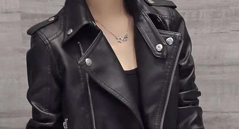 

Women 's Jacket 2018 new spring and autumn PU leather jacket imitation soft leather jacket black zipper motorcycle jacket