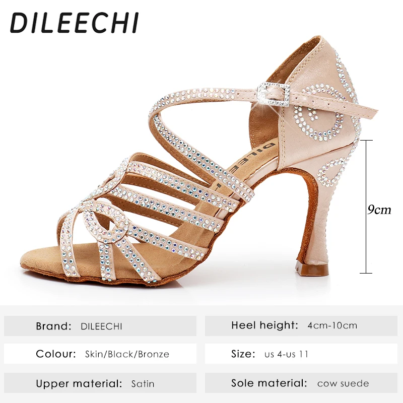 DILEECHI Latin dance shoes double Rhinestone shining Skin Black satin women Ballroom dancing shoes Cuba heel 9cm New Arrival
