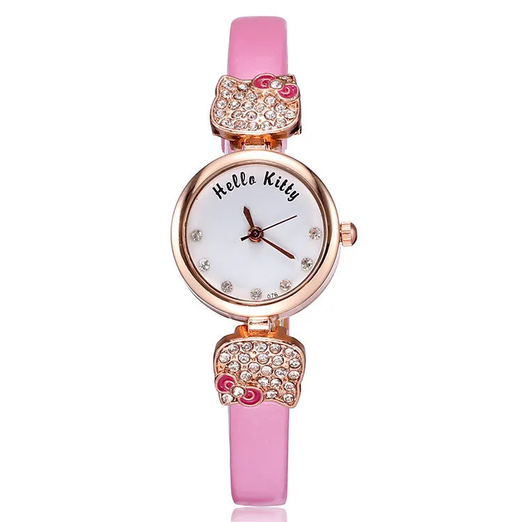 Cute hello kitty leather strap woman watches 2015 quartz fashion analog rose gold plated charm rhinestone watch ladies 5 colors | Наручные