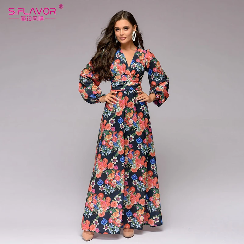 S.FLAVOR Bohemian Lantern Sleeve Women Long Dress Elegant V-neck Waist Floral Printed Party Vestidos Spring Summer Casual | Женская
