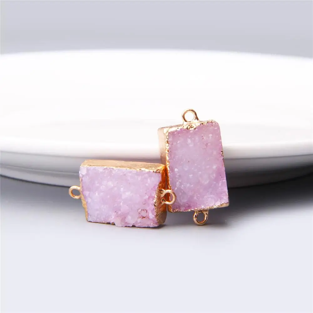 

Natural pink agates Druzy Pendulum Connectors Necklace Plated Gold Bail Raw Drusy stone Pendants necklace Link Bracelet Finding