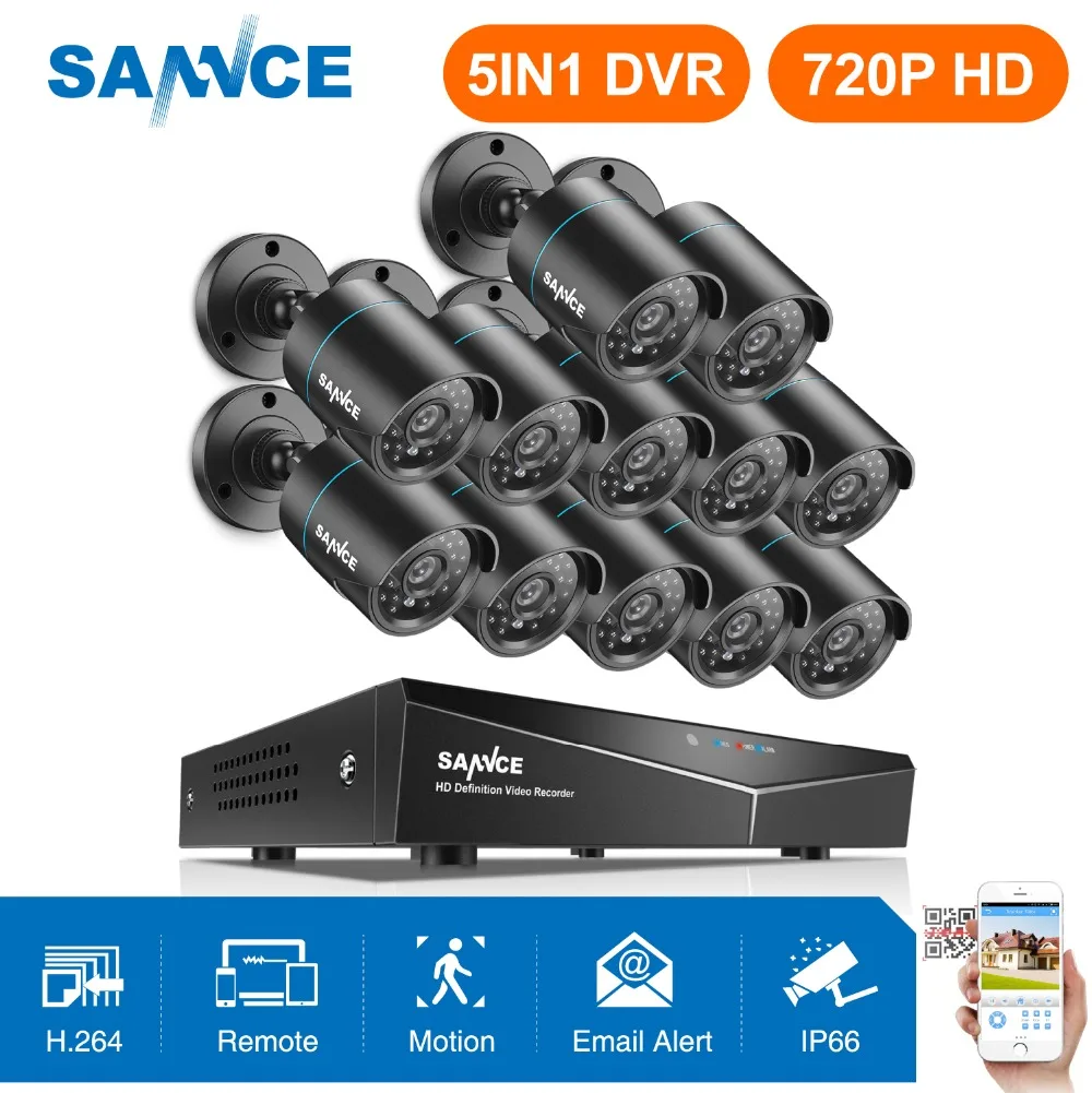 SANNCE 16CH 1080N домашняя система видеонаблюдения 5в1 DVR HDMI с 12 шт 720P наружная непогоды