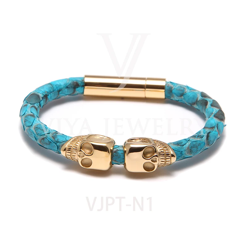 Turquoise Высококачественный роскошный серый кожаный браслет из натуральной кожи питона, черные близнецы, Череп, мужской браслет на заказ, большой размер - Окраска металла: Turquoise