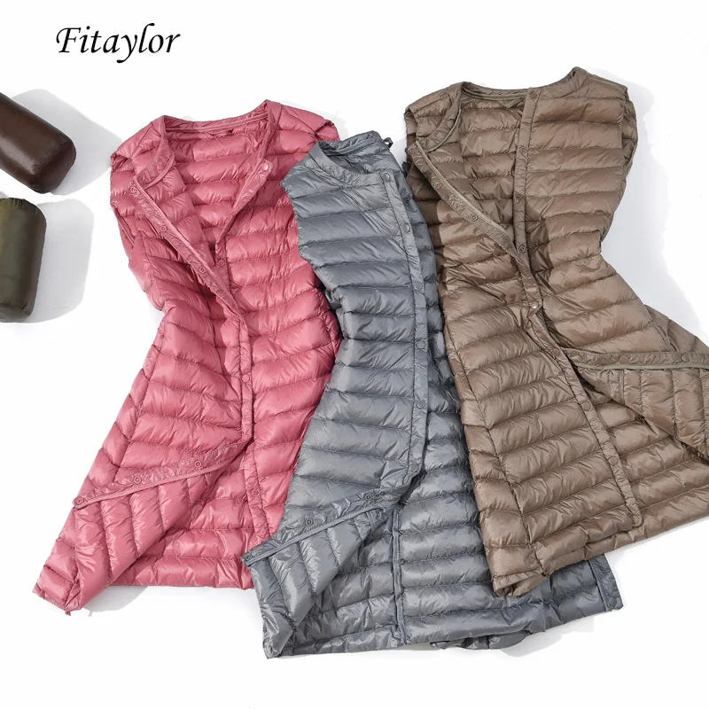 Fitaylor, новинка зимы, женские ультра светлые жилеты, белая куртка на утином пуху, тонкий пуховик средней длины, женское однобортное пальто, верхняя одежда