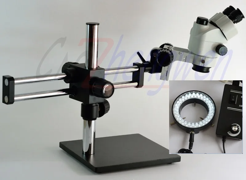 

Trinocular Stereo Microscope 7X-45X Stereo Microscope on Ball Bearing Boom Stand Simul Focal Microscope +60 led Light