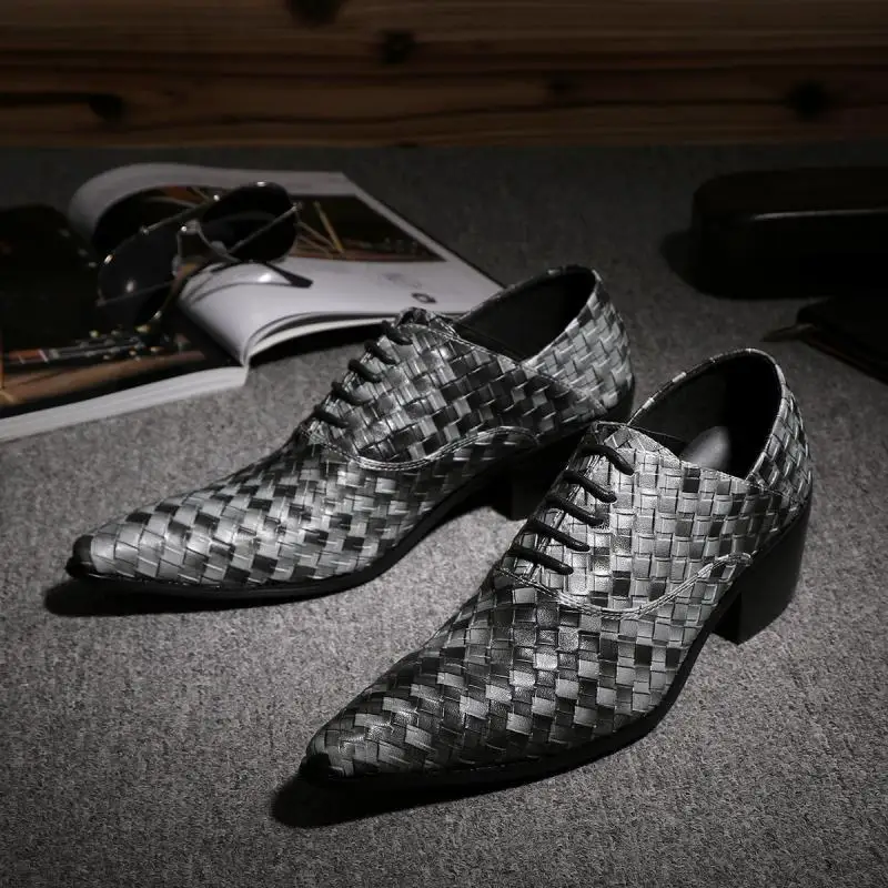 

British Pointed Toe Shoes Men's Increased Patent Leather Glossy Low Top Lace Up Wedding Classic Shoes