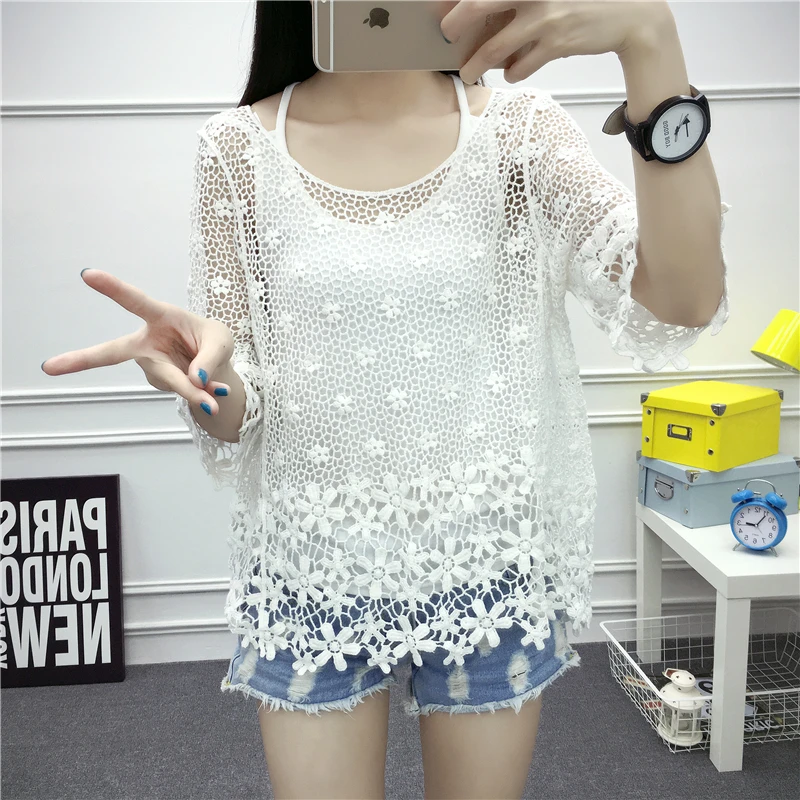 White Lace Blouse Blusas Femininas, летние женские блузки, повседневные кружевные рубашки с вырезами, женские кружевные топы с цветочным узором «кроше» - Цвет: White Lace Blouse