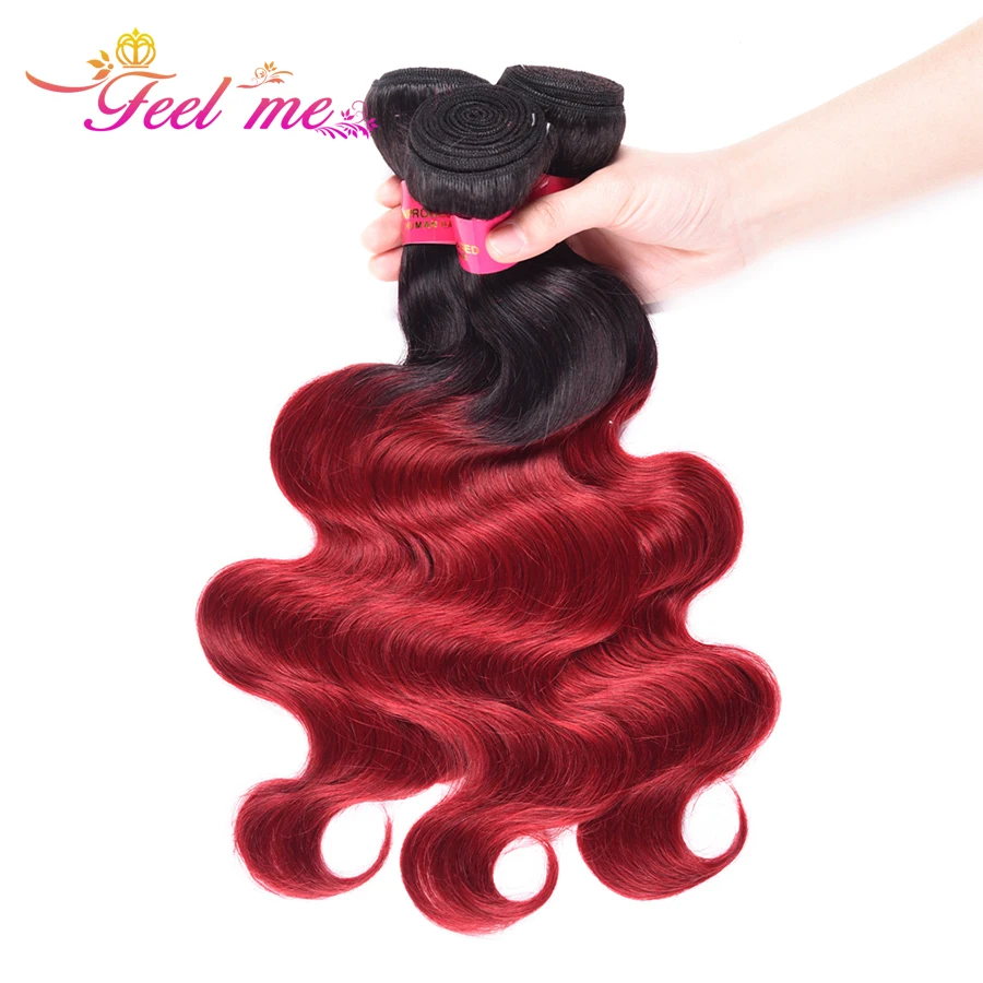 Feel Me Hair Body Wave Brazilian Weave Bundles With Closure Ombre Human 1b/burgundy Non-remy | Шиньоны и парики