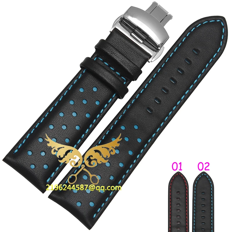 

20mm 22mm Watch Band Strap Butterfly Pattern Genuine Leather Deployment Buckle Bracelet Black with Red line Watchbands