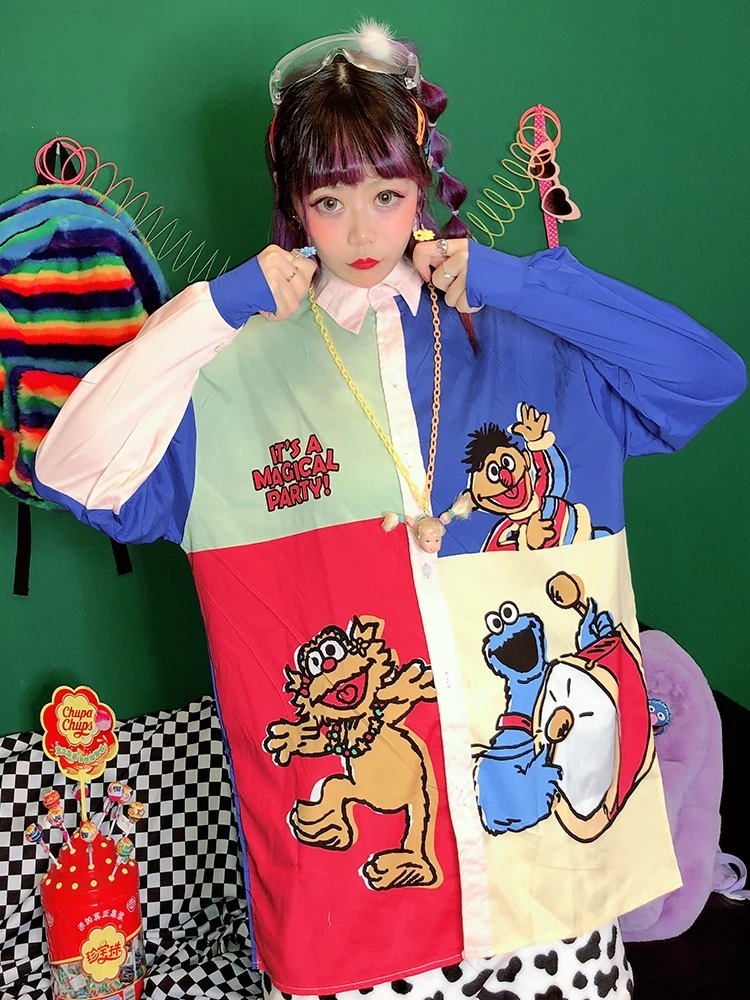 Женская рубашка с длинными рукавами в стиле Харадзюку рисунком из