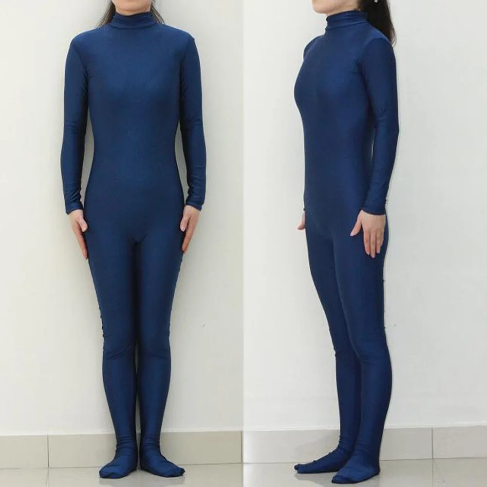 Женский комбинезон Zentai черный из лайкры с длинным рукавом и ложным воротником