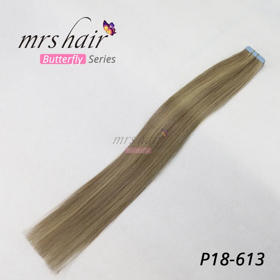 MRS HAIR лента для наращивания человеческих волос 1"-24" не Реми волосы на ленте ПУ кожа Уток Бесшовные человеческие волосы 20 шт - Цвет: # P18/613