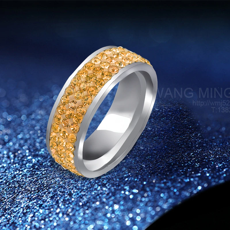 QianBei 2018 Luxury Rhinestone Rings Gold Color Stainless Steel 3 Row Crystal Wedding Female Teen Ring Jewelry Women Men 6-11 | Украшения и