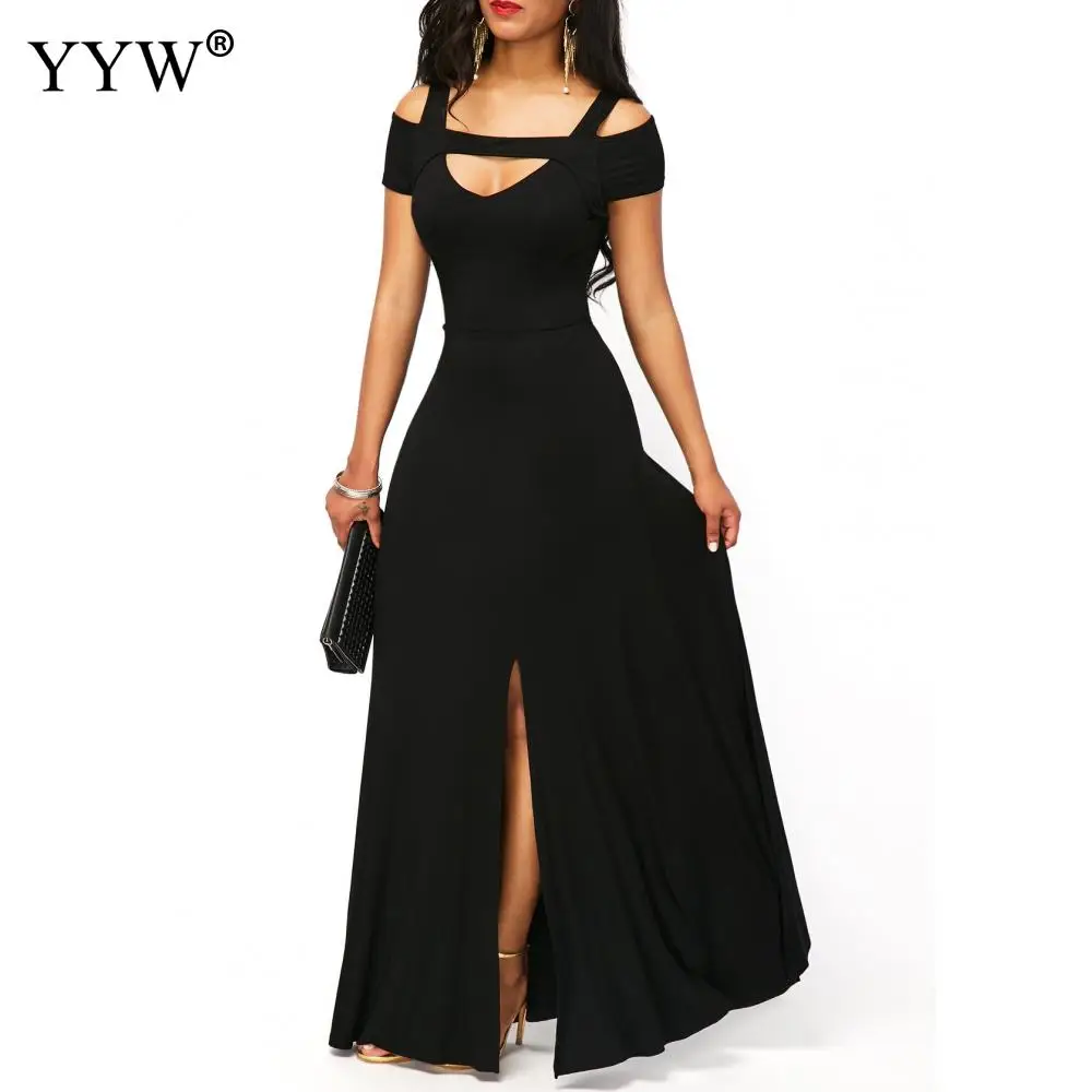 Женское вечернее платье с V-образным вырезом однотонное черное открытыми плечами