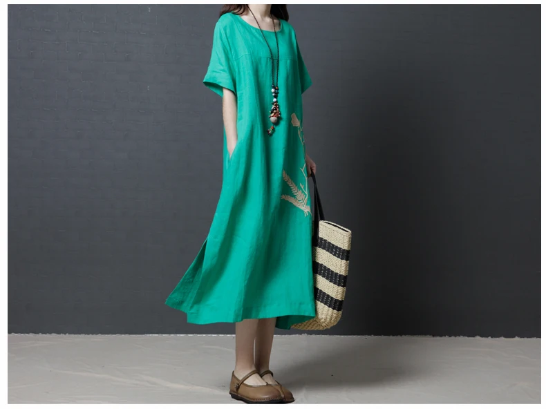 Женская летняя одежда из хлопка и конопли с круглым воротником короткими