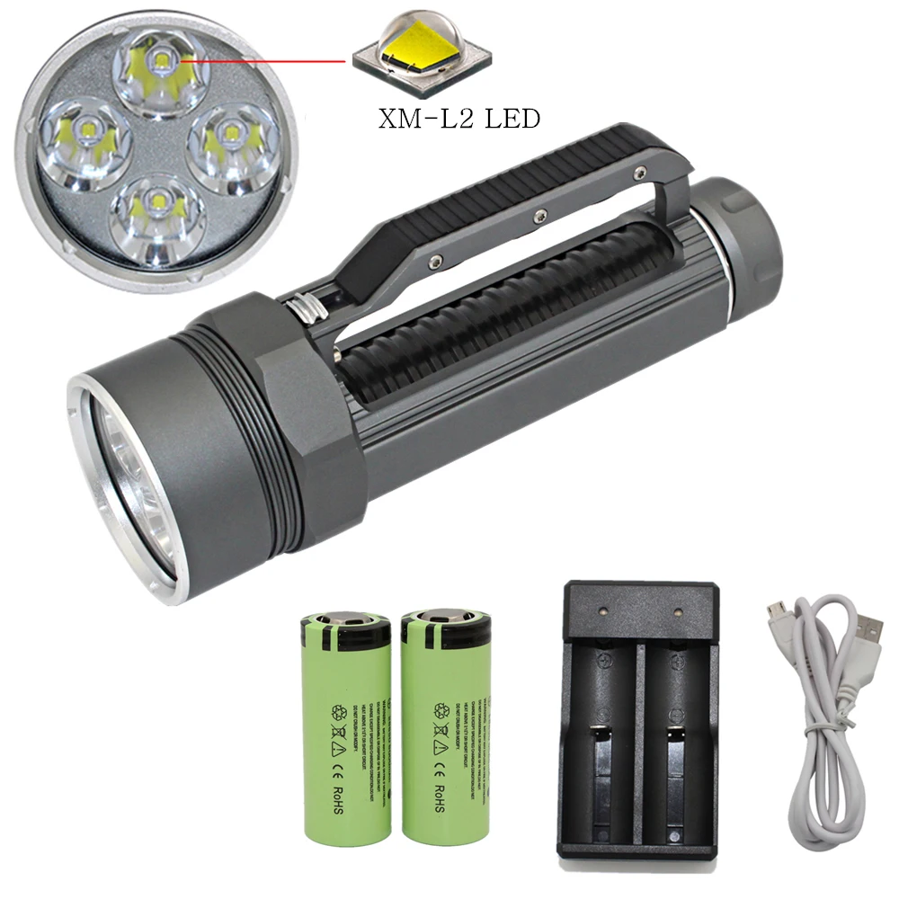 Diving Flashlight Waterproof Torch Light 4*XM-L2 LED Underwater Flashlight Scuba Lanterna + 26650 Battery + USB Charger