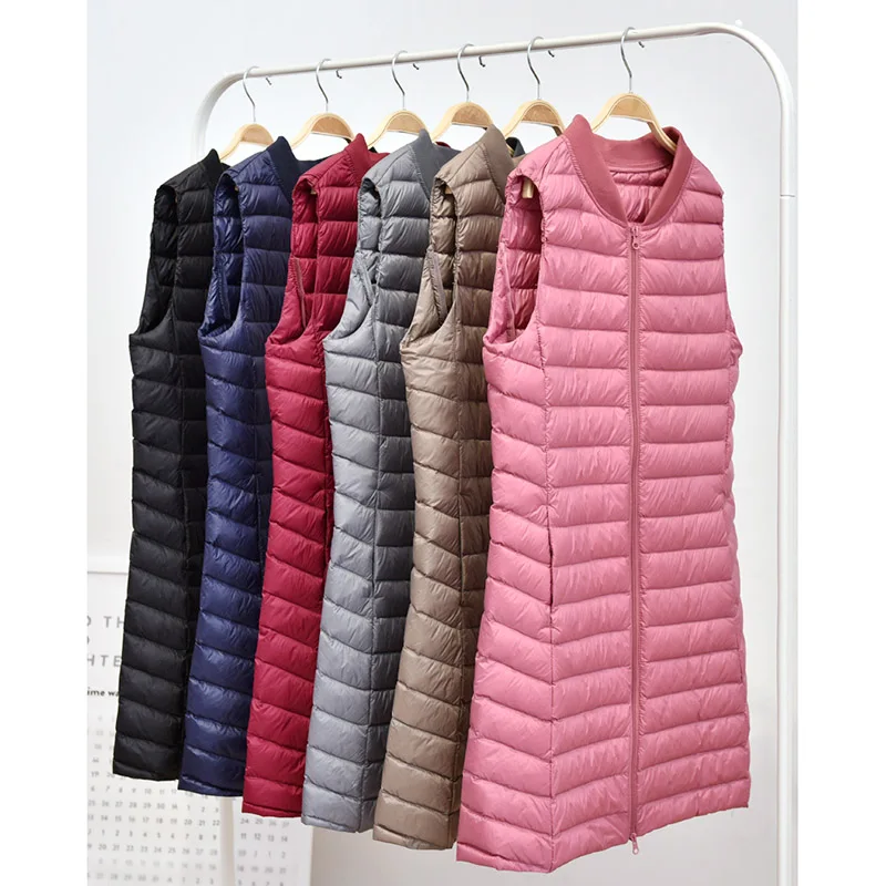 Женский сверхлегкий жилет Длинный Облегающий темно синего цвета осенне зимний