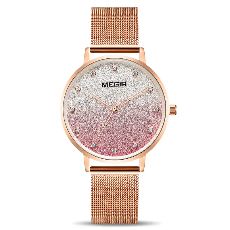 Rose pink Zegarek Damski, новинка, MEGIR, мерцающий большой циферблат, женские часы, розовое золото, женские часы,, Reloj Mujer Montre Femme Saat - Цвет: Rose pink