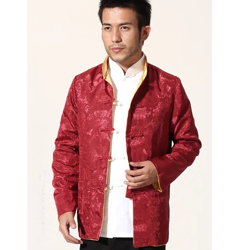 Красное золото китайская мужская атласная куртка Двустороннее пальто кунг фу