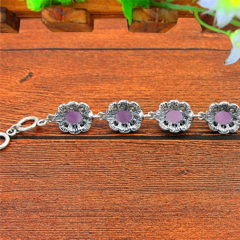 Natural Purple Stone Bracelet Plum Flower Design Vintage Look Antique Silver Plated Fashion Jewelry TB334