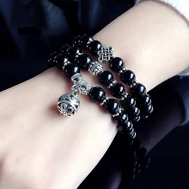 Медитационные бусины 108 черный обсидиан браслет в буддистском стиле для мужчин и