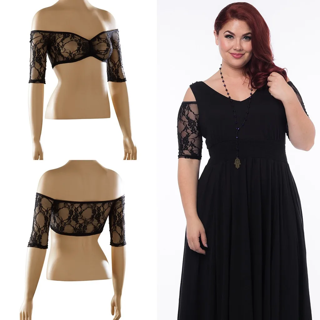 Womens Plus Size Strapless Off Shoulder Crop Top Seamless Arm Shaper Short Sleeve Cropped Navel Lace Top Perspective Underwear